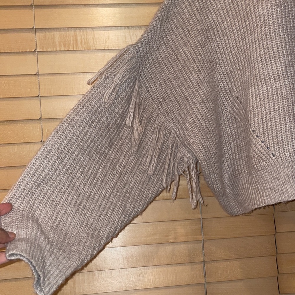 By Anthropologie Crop Knit Hooded Fringe Long Sleeve Sweater - Picture 2 of 7